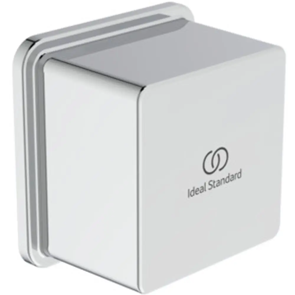 Kompakte Chromarmatur mit quadratischem Design, markiert mit dem Logo von Ideal Standard. Geeignet für moderne Badezimmerausstattungen.